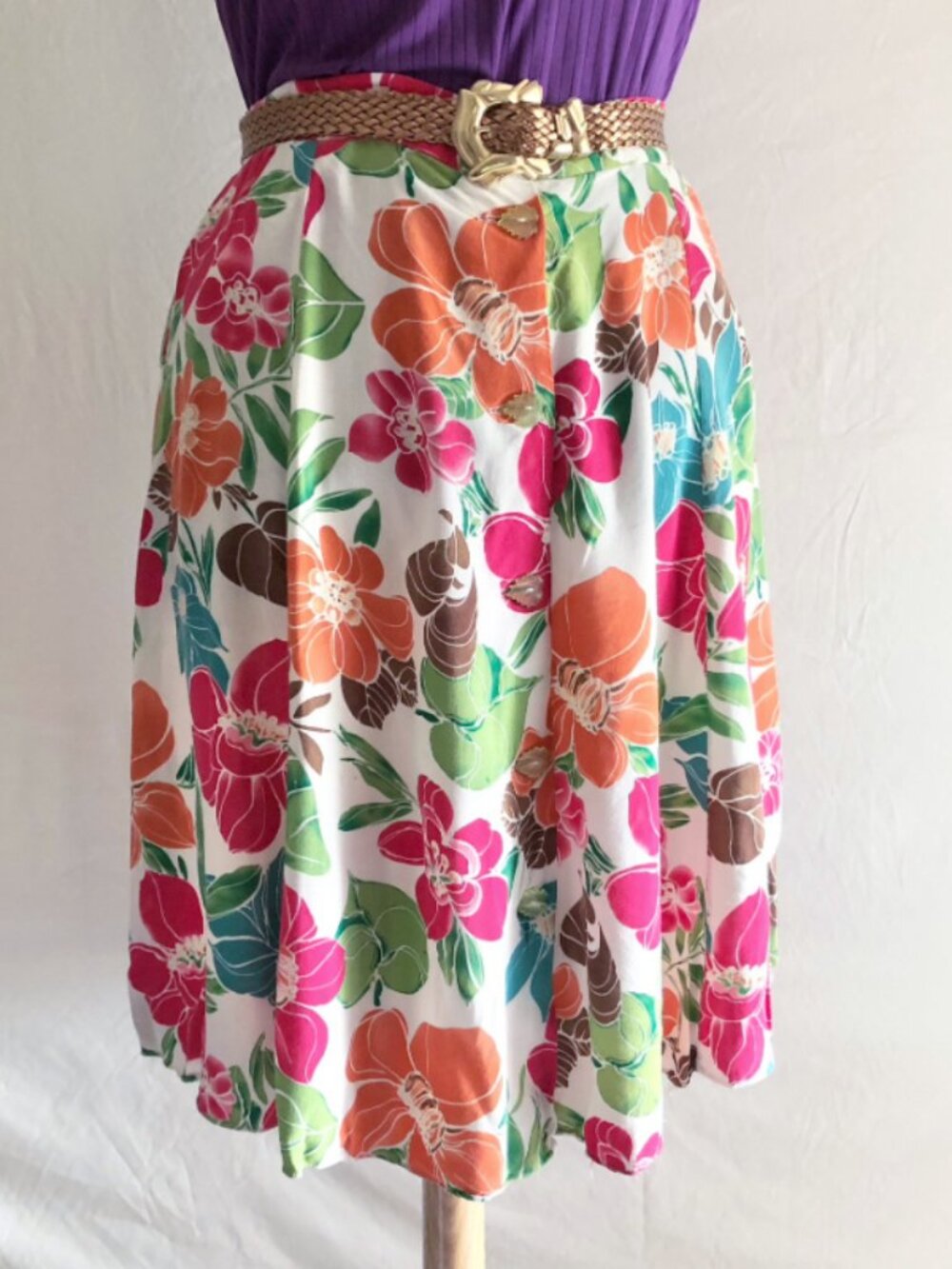 Vintage 90s Floral Cottagecore Leaf Button Front Full Skirt Size XL